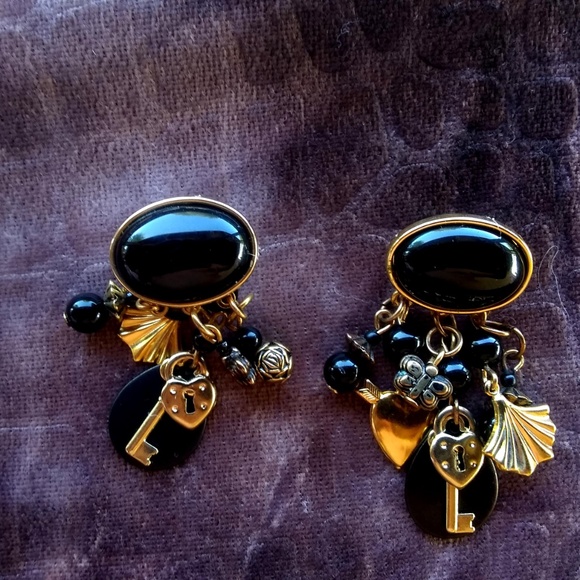 Vintage Karla Jordan Black Onyx w. Charms Earrings - Picture 1 of 4